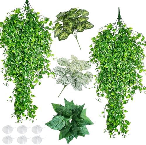 Reptile Plants for Terrarium Hanging Fake Leaves with Suction Cup by Hamiledyi