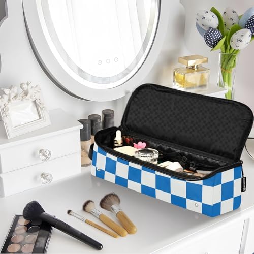 Checkerboard White Blue Plaid Hair Tools Travel Bag Portable Carrying Case Travel Pouch Organizer with Heat Resistant Mat for Curling Iron Hair Dryer Flat Irons - Image 7