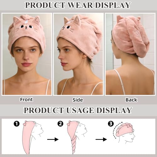 2Pack Microfiber Hair Towel Wrap for Kids, Cute Cat Absorbent Hair Drying Turbans Head Towels for Women Girls (Pink and Gray cat) - Image 2
