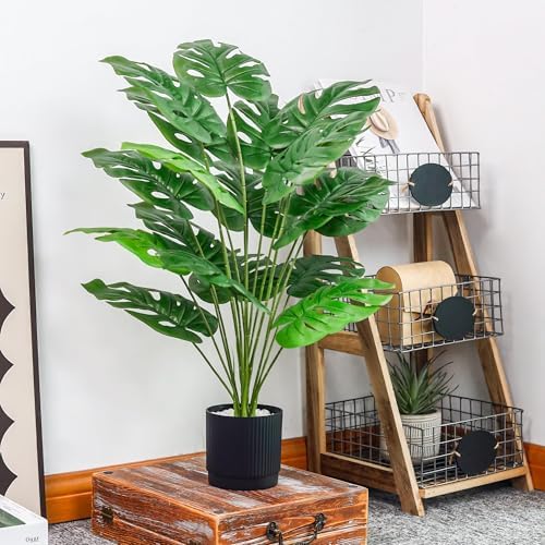 Der Rose 28" Fake Plants, Monstera Floor Plant, Black Pot for Office Decor - Image 6
