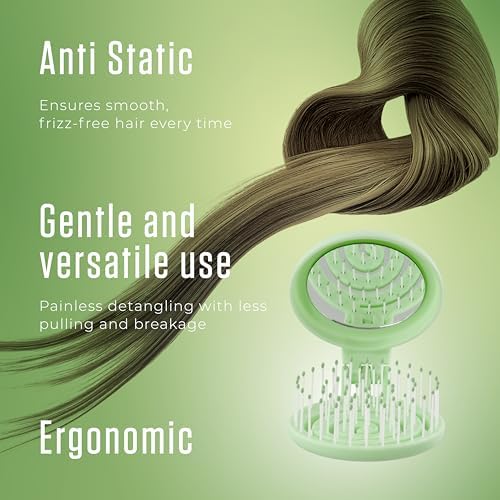 Mini Detangler Travel Hair Brush with Mirror, Makaron Hair Brushes for Women, Men and Kids, Unique 3D Flexible Design for All Hair Types, Styling Accessory, Travel Essentials for Women (GREEN) - Image 4