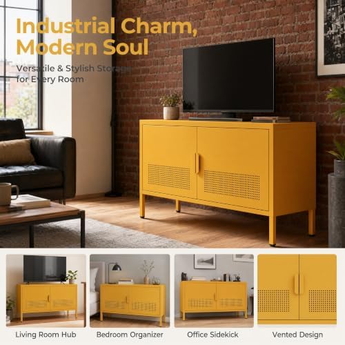 Wide Metal TV Stand with Ventilated Mesh Doors and Adjustable Shelf, Low Media Console Accent Cabinet Locker, Yellow Multifunctional 2 Door Cabinet for Living Room Bedroom Home Office - Image 4
