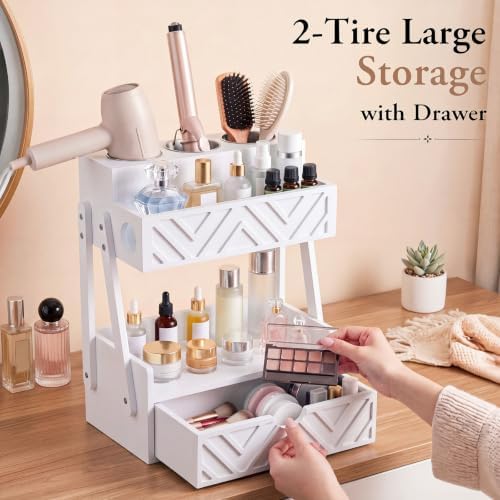 Hair Tool Organizer with Drawer 2 Tier Bathroom Countertop Organizer, White - Image 5