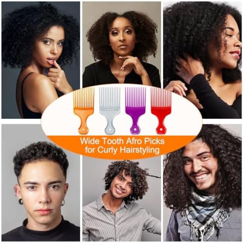 SIMPOR 4 Pcs Hair Pick Comb Wide Tooth Lift for Hair Styling Detangling, Plastic Afro Pick for Women Men, Fist Picks for Curly and Afro Hair (Purple, Silver, Clear Orange, Red) - Image 3