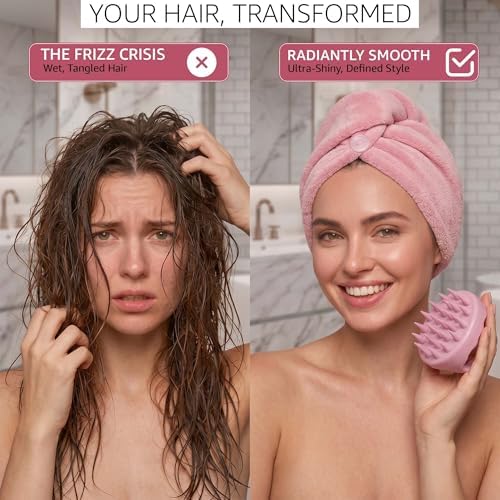 chérie Microfiber Hair Towel Wrap and Scalp Massager Scrubber Set, Pink - Image 3