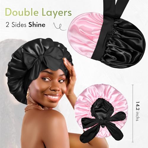 BONNET QUEEN Silk Bonnet for Sleeping Satin Bonnet with Tie Hair Wrap Double Layer Sleep Cap for Women Curly Hair, Black Pink - Image 3