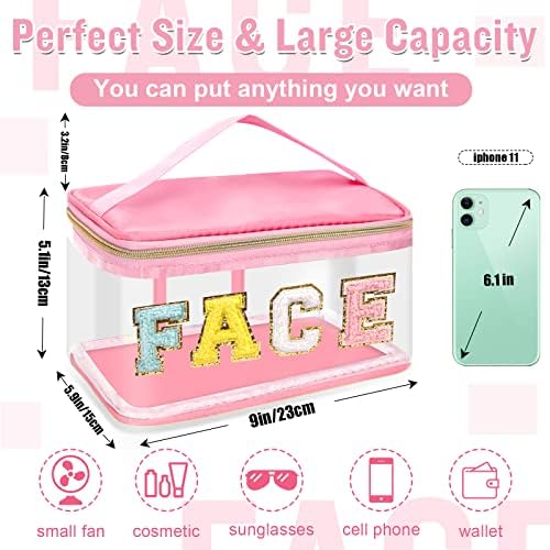 Chenille Letter Clear Makeup Bags Face Pouch, Preppy Patch Makeup Bag Zipper with Handle, Transparent PVC & Nylon Waterproof Glitter Cosmetic Handbag Travel Toiletry Storage for Women Girl(FACE-Pink) - Image 2