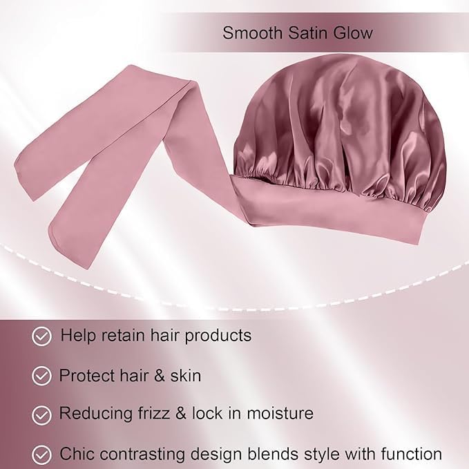2PCS Silk Bonnet for Women, Satin Bonnet for Sleeping, Large Sleep Cap with Elastic Tie Band for Curly Hair (Bean Paste Pink+Black) - Image 5