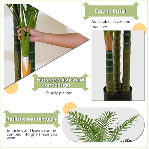 4FT Tall Golden Cane Artificial Palm Tree, Large Faux Palm Tree with 3 Textured Trunks, Outdoor Artificial Plants, Fake Tree for Indoor Office Living Room Outside Patio. - Image 5