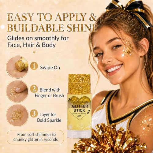 Gold Hair Glitter Stick, Yellow Face Body Glitter Makeup for Women, School Spirit Week Game Day Cheer Football Accessories, Chunky Sequins for Halloween Singer Concert Rave Festival Mardi Gras - Image 4