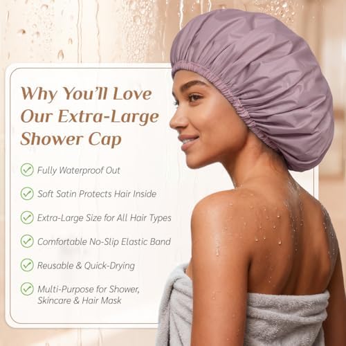 Extra Large Waterproof Shower Cap for Women, Double Layer Satin Lined Hair Bonnet for Curly Hair, Reusable Bath Cap with Elastic Edge for Long Thick Hair (Purple) - Image 5