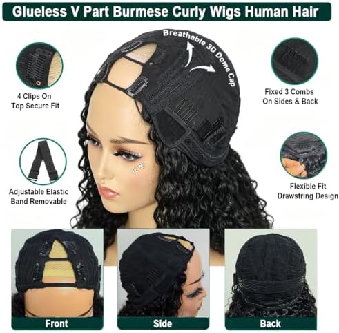 Burmese Curly V Part Wig Human Hair Glueless Clip in 18 Inch - Image 3
