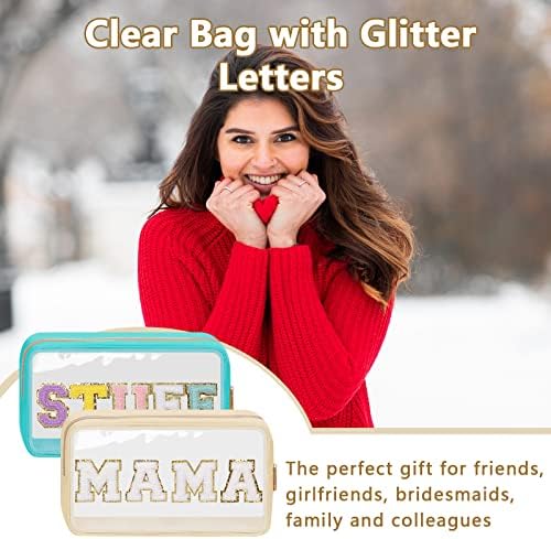 Iqimott Clear Patch Makeup Bag Mama Pouch, Preppy Personalized Chenille Letter Cosmetic Pouch for Travel, Nylon Waterproof Travel Essentials Zipper Toiletry Bags for Women Girls(MAMA, Beige) - Image 5