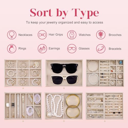 Dajasan Large Jewelry Organizer Box, 6-Tier Jewelry Storage Case with 5 Drawers, Jewelry Boxes for Women Girls with Mirror, Double Door, Textured PU Leather, Gift Idea, Stylish (Pink + Gold) - Image 4