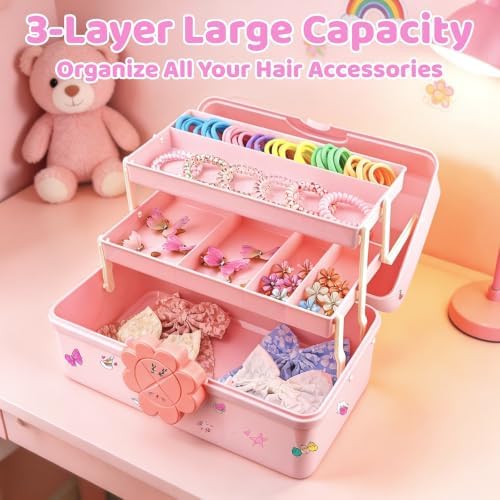 Hair Accessories Organizer 3-Layer Plastic Storage Box with Handle Pink176 - Image 6