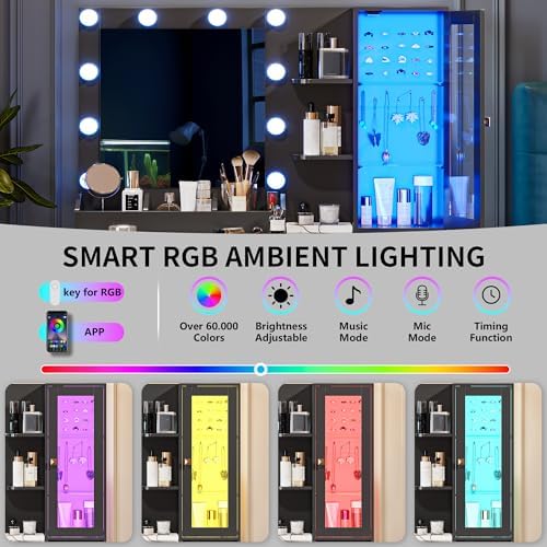 Vanity Desk with Mirror and Lights, Makeup Vanity Table Set with 5 Storage Drawers, Power Outlet & Chair, Small Dressing Table with RGB Ambient Light, Adjustable Brightness for Girls Bedroom, Black - Image 3