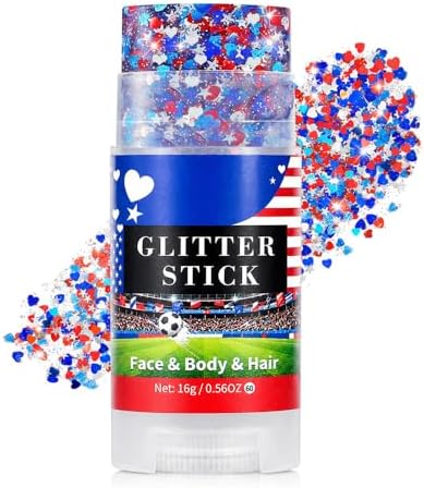 Go Ho Red White and Blue Glitter Stick,Waterproof Star&Heart Face,Body&Hair Glitter,4th of July Accessories,Patriotic USA Flag Sparkle Cheer Glitter Makeup for Soccer Game Independence Day Makeup by GoHo