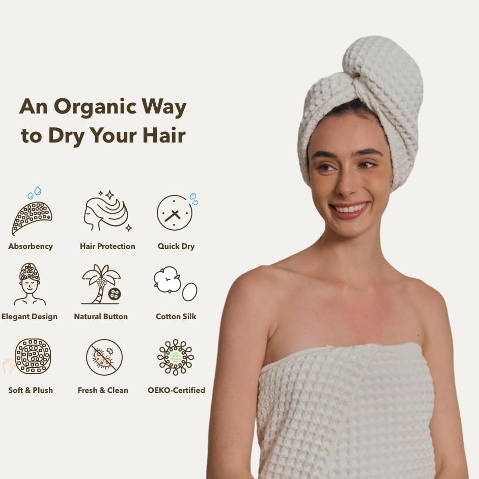 Luxury Organic Japanese Cotton Hair Drying Waffle Towel Wrap for Women | Absorbent, Quick-Dry Head Turban for Shower, Sauna, Spa | Extra Large for Long, Curly, Straight Hair With Button (White, 2 Pc) - Image 2