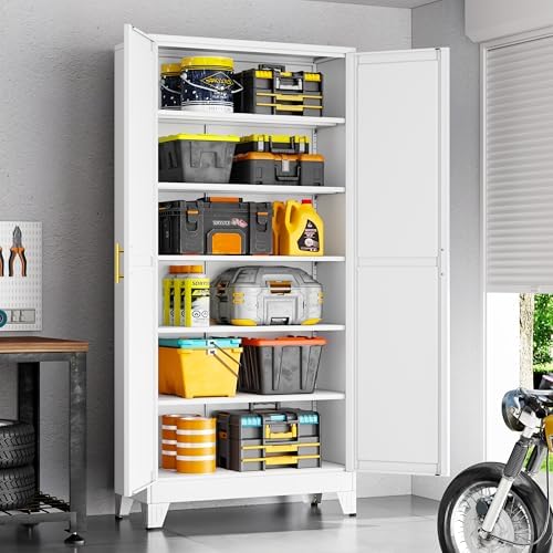 75" White Tall Metal Storage Cabinet with 2 Doors and 5 Adjustable Shelves,Steel Garage Tool Cabinet, File Cabinet,Kitchen Pantry Cabinet for Home,Office,Garage,School,Warehouse - Image 2