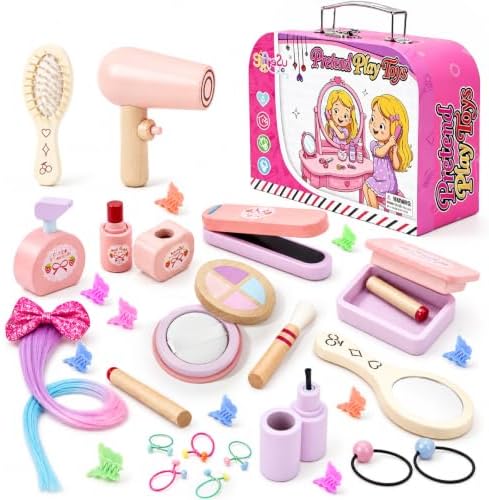 Wooden Makeup Toy Set for Toddlers 3-5, Pretend Play with Storage Case by Gifts2U