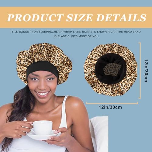 4PCS Silk Hair Bonnet for Sleeping,Hair Wrap Satin Bonnets Shower Cap for Black Women Men, Elastic Wide Band Hair Bonnet Cap for Sleeping Curly Hair(Black & Wine Red & Purple Print & Leopard Pattern) - Image 2