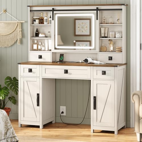 AOGLLATI Farmhouse Makeup Vanity Desk with Lights & Charging Station,Vanity Desk with Mirror and Lights, 47.2” Large Brown Vanity Table with Ample Storage Space and Sliding Mirror (Antique White) by AOGLLATI