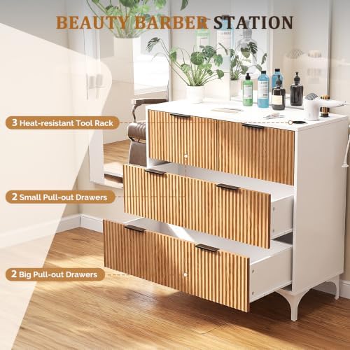 OmySalon Salon Station, Barber Station with 4 Drawers & 3 Hair Dryer Holders, Modern Retro Style Free Standing Cabinet, Storage Styling Stations for Barbershop Beauty SPA, White - Image 4