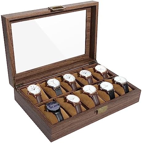 Uten Watch Case for Men 10 Slots, with Glass Lid, Wood Grain PU Leather by UTENHOMEGOODSCENTER