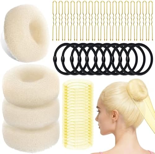 YINGFENG 134 Pcs Beige Hair Bun Maker Kit Medium - 4 Bun Hair Pieces for Women, 20 Hair Net for Buns, 100 Bobby Pins for Women, 10 Hair Bands, for Ballet Styling, Hair Accessories for Girls by YINGFENG