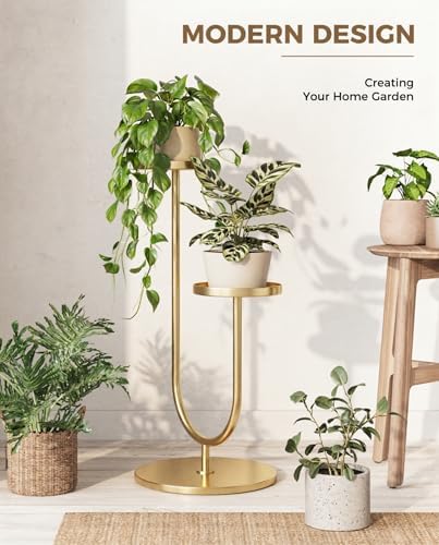 Bamworld Indoor Corner Plant Stands 2 Tier Plant Shelf Gold - Image 3