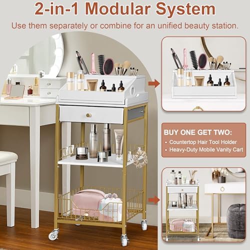 Makeup Organizer Cart, Rolling Vanity Storage, Gold and White - Image 2