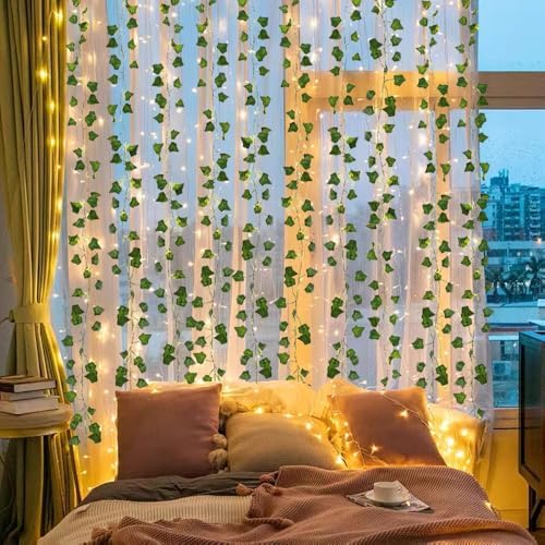 RECUTMS Fake Wall Curtain Ivy Vines with String Lights for Room Decor 98Ft - Image 4