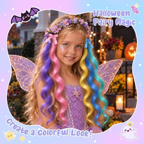 Rainbow Curly Hair Extensions with Ribbon for Halloween, 10 PCS - Image 2