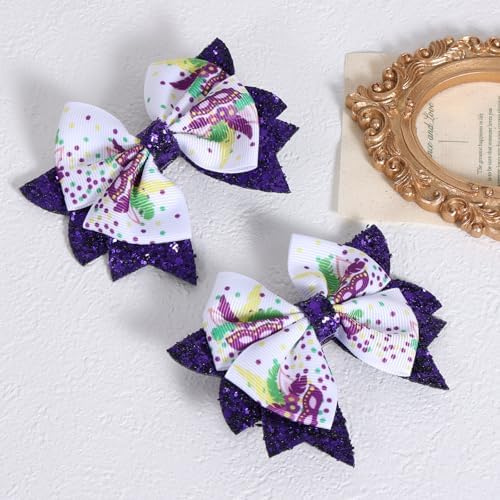 Mardi Gras Holiday Hair Bows for Girls, 3.5in Glitter Purple Sequins Ribbon Costume Bow Alligator Clips for Toddlers Teens Women Fat Tuesday Carnival Parade Accessories Gift Set 2 - Image 2