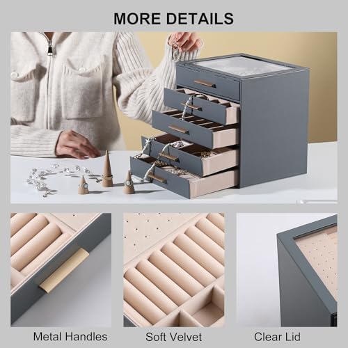 Frebeauty Jewelry Box for Women,Clear Lid Jewelry Organizer with 5 Drawers - Image 5