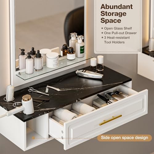 Wall Mount Salon Station with Mirror, Hair Styling Barber Station with 3 Alloy Hair Dryer Holders & 1 Drawer, Beauty Salon Spa Equipment Set for Hair Styling（White） - Image 5