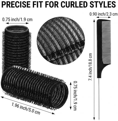 19PCS Self Grip Small Hair Rollers for Women Heatless Velcro Rollers for Hair Volume Set with Tail Comb for Medium Short Hair and Bangs DIY Curly Hairstyle(Black) - Image 2