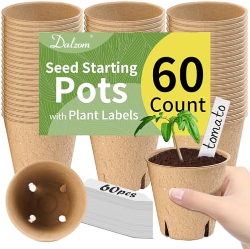 Dalzom® 60Pcs 3.1” Peat Pots with 60Pcs Plant Labels, Biodegradable Pots for Seedlings with Drainage Holes, Garden Plant Nursery Pots Seed Starting Trays by Dalzom