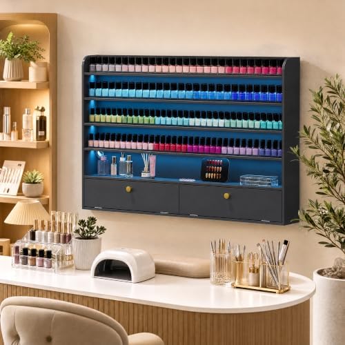 Wood Nail Polish Rack with Cabinet, 5-Tier Nail Polish Display Shelf, Black by Kikihouse