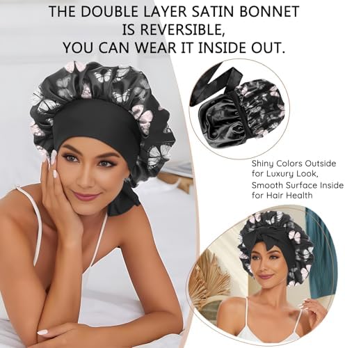 Satin Hair Braid Bonnet for Sleeping Double Layer Elastic Wide Soft Tie Band Hair Silk Lined Sleep Cap Women Girls - Image 6