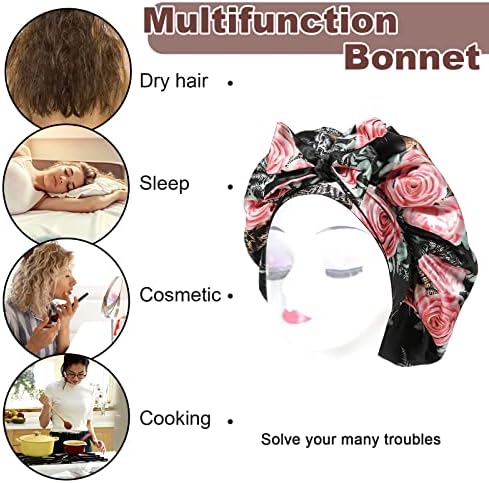 Satin Bonnet Silk Sleep Cap with Stretchy Tie Band for Curly Hair - Silk Hair Wrap (Black Pink Rose + Black) - Image 5