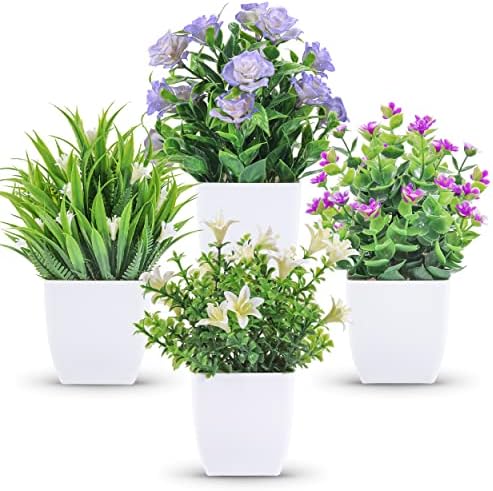 Der Rose 4 Pack Small Fake Plants with Flowers, Spring Home Bathroom Decor by DerRose