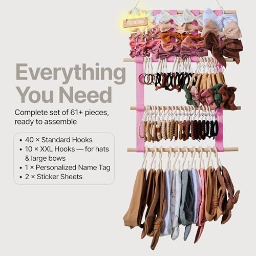 Bow Holder for Girls Hair Bows, Hair Bow Organizer, Headband Holders, Hanger Wall, Clip Organizer, Ribbon Storage for BabyGirl Nursery Wall Decor - Nametag, XXL Hooks, Stickers included - Pink - Image 2