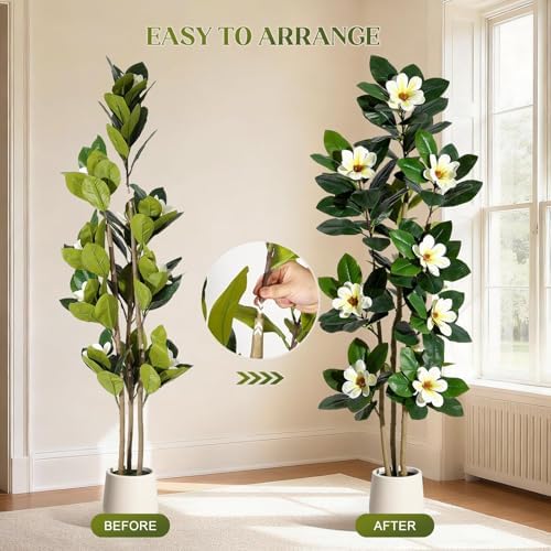 6 Inch Artificial Magnolia Tree with Pot, Faux Flower Tree with White Magnolia Blooms and Green Leaves, Potted Artificial Plant for Living Room, Bedroom, Office, Entryway, Store, Home Dector - Image 4
