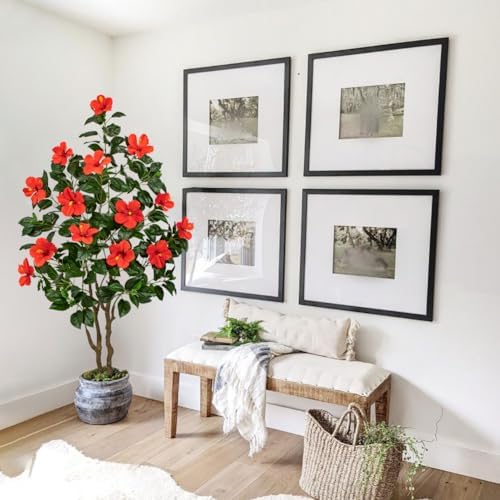 Briful 63" Artificial Hibiscus Trees 2 Pack, Faux Tropical Plants, Red - Image 3