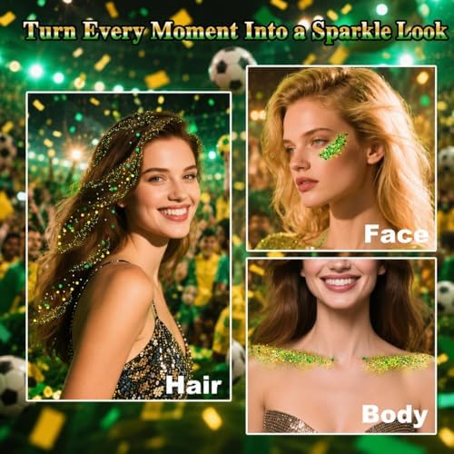 MEICOLY Gold Green Face Glitter Gel,Green and Yellow Hair Glitter Makeup for Halloween Mardi Gras Carnival Irish Festival Party,Cheer Glitter Spirit Day Body Glitter Accessories for Women - Image 4