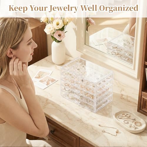 Ewen 5 Drawer Large Jewelry Organizer Box, Clear Acrylic 24-grid Jewelry Storage Boxes with Empty Jewelry Tray, Display Case for Rings, Necklaces, Bracelets and Hair Accessories, Gift for Mother Wife - Image 6