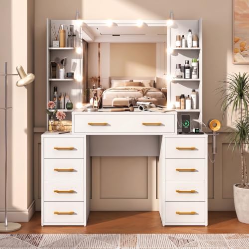 Vanity Desk with Mirror and Lights, 43.5" Large Makeup Vanity with Glass Top and 9 Drawers, Makeup Table with Charging Station & Drawer Dividers, Modern Bedroom Dressing Table for Women & Girls, White by jiteentarou