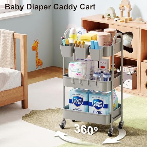 3 Tier Gray Metal Rolling Cart, Three Tiered Storage Dorm Carts with Wheels - Image 5