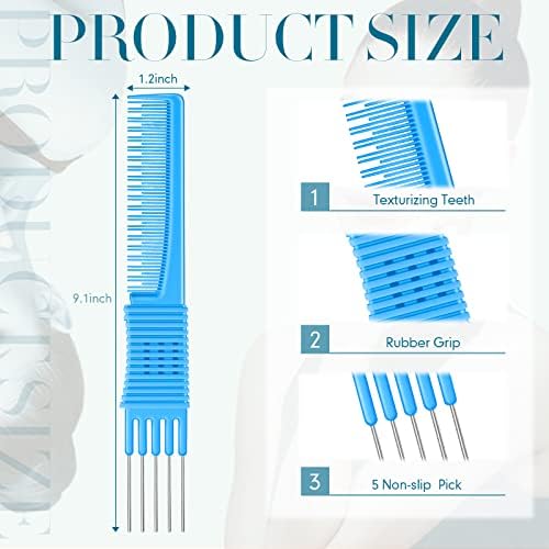 Leinuosen 3 Pack Teasing Combs with Metal Pick, Blue - Image 3
